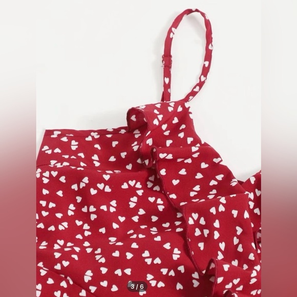 SHEIN VCAY Allover Heart Print Ruffle Detail Wrap Cami Dress - Picture 3 of 10